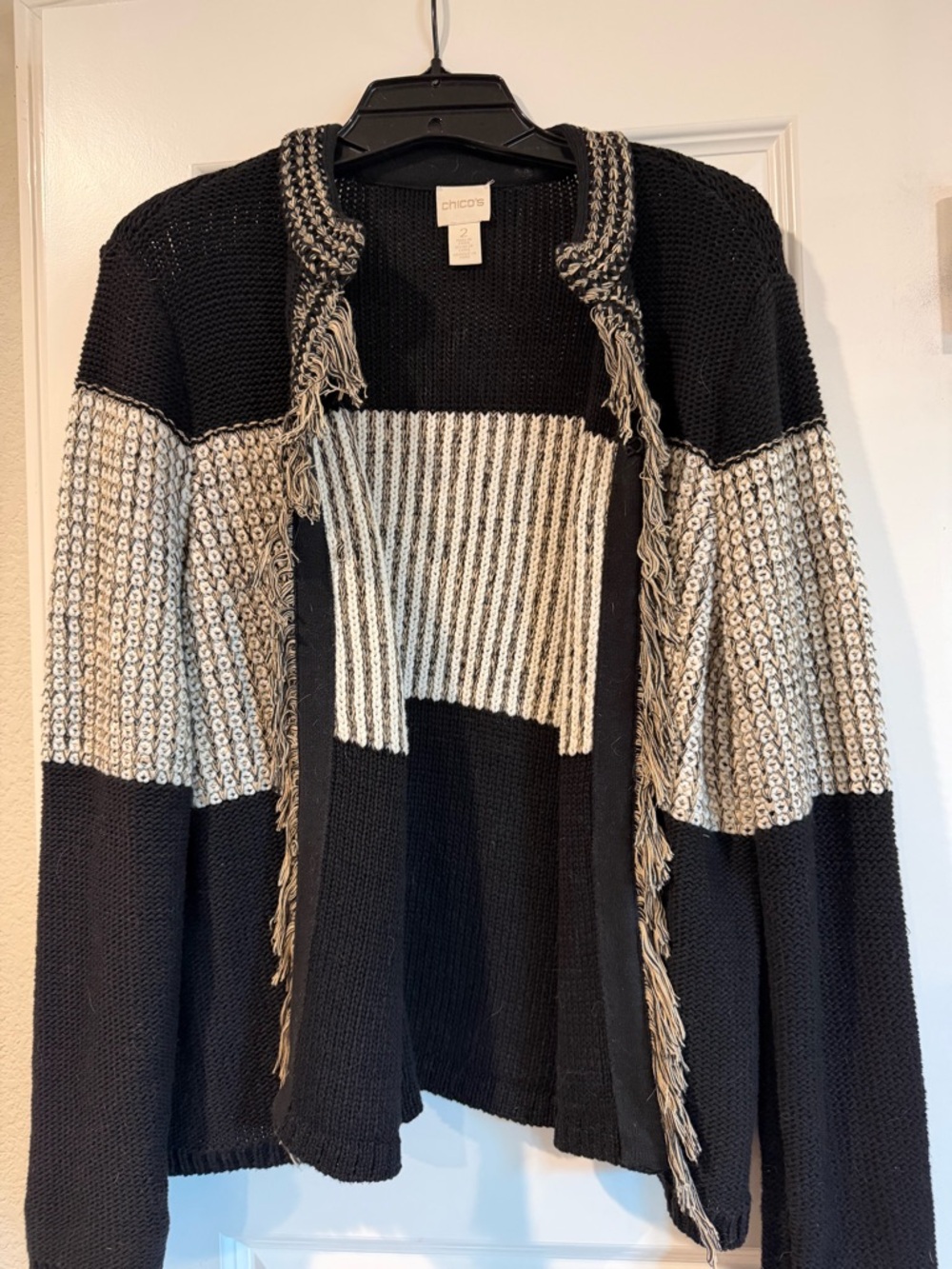 Chico's Black and Cream Fringe Open-Front Cardigan